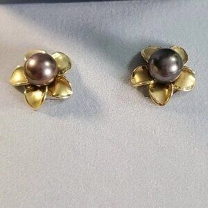 14k Gold Plumeria Flower Tahitian Pearl  Earrings